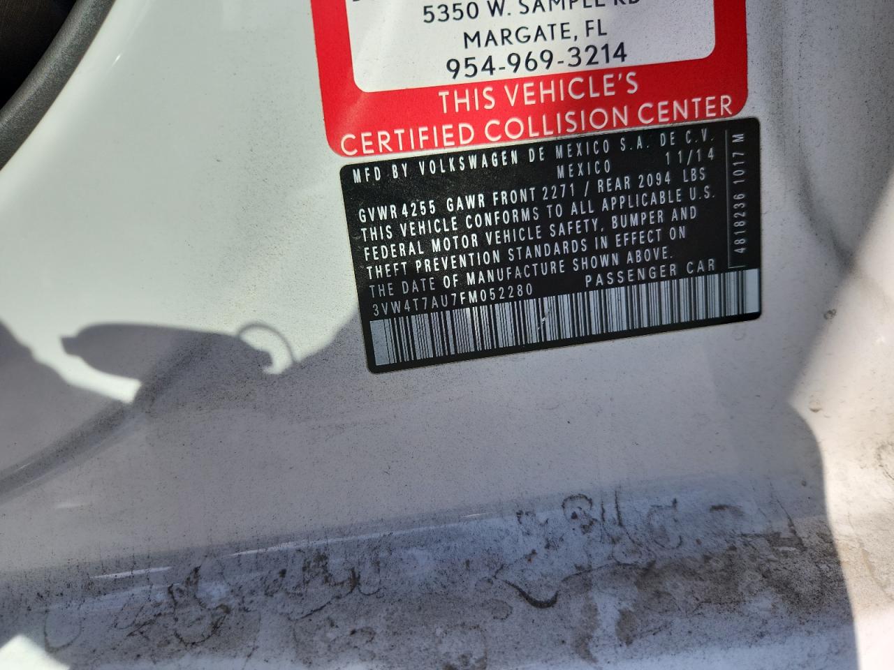 2015 Volkswagen Gti VIN: 3VW4T7AU7FM052280 Lot: 92053825