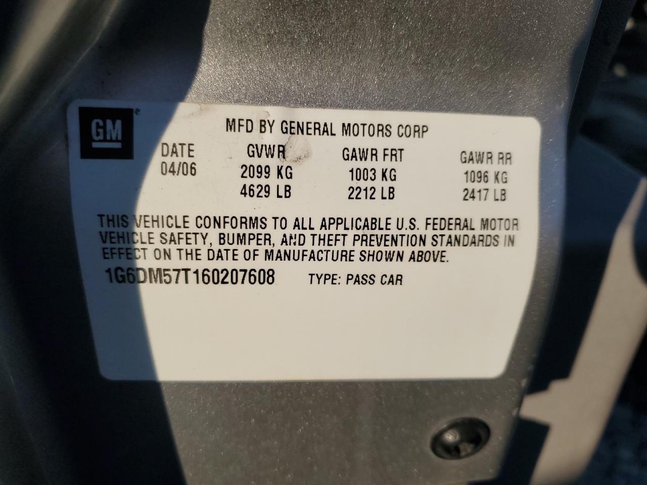 2006 Cadillac Cts VIN: 1G6DM57T160207608 Lot: 93516645