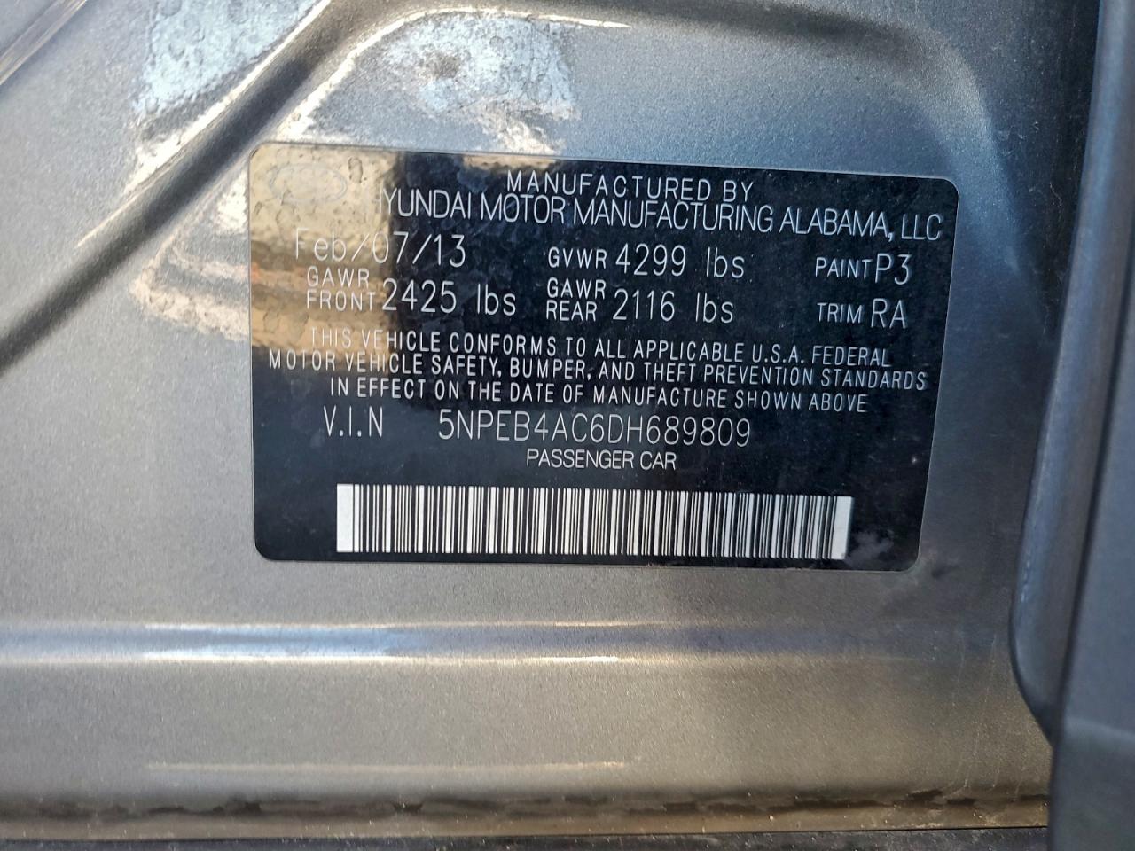 2013 Hyundai Sonata Gls VIN: 5NPEB4AC6DH689809 Lot: 94146535