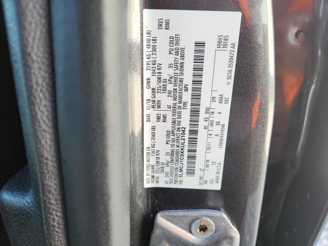 2019 Lincoln Mkc VIN: 5LMCJ1C9XKUL21042 Lot: 92345165