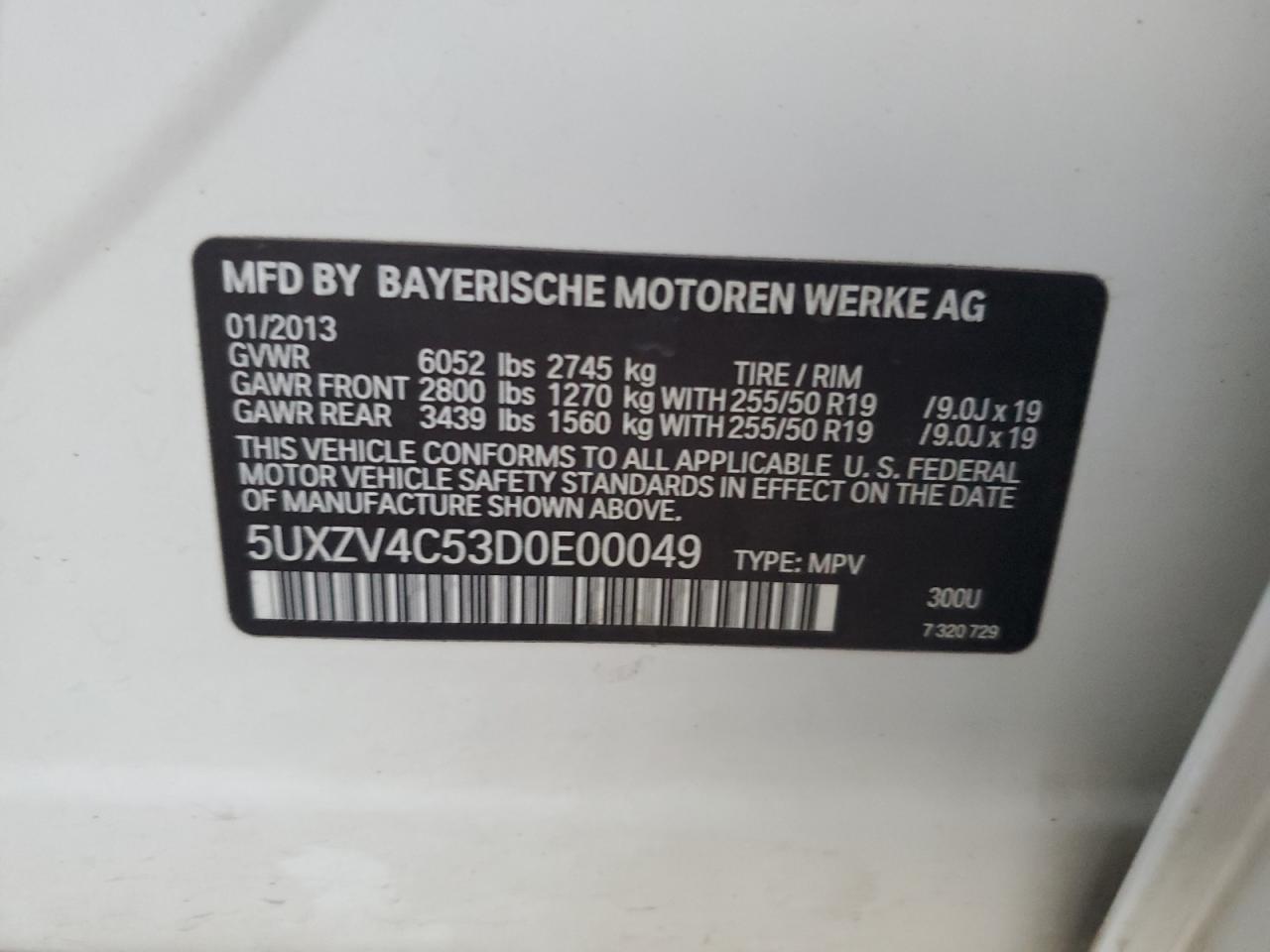 2013 BMW X5 xDrive35I VIN: 5UXZV4C53D0E00049 Lot: 93113485