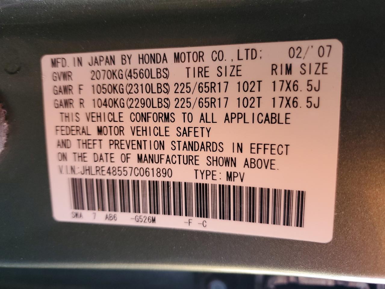 2007 Honda Cr-V Ex VIN: JHLRE48557C061890 Lot: 91011355