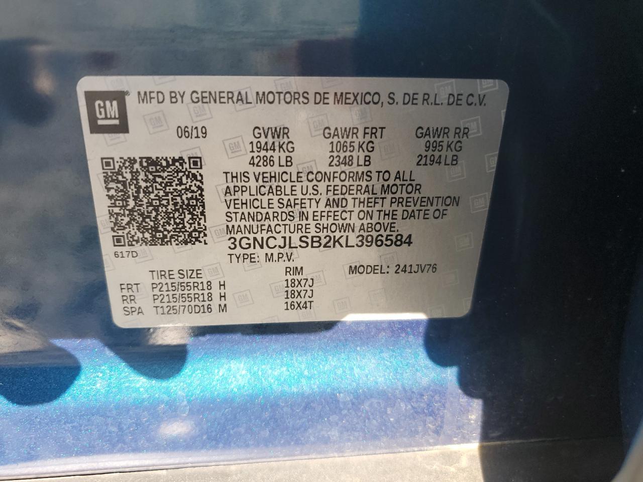 2019 Chevrolet Trax 1Lt VIN: 3GNCJLSB2KL396584 Lot: 90418165