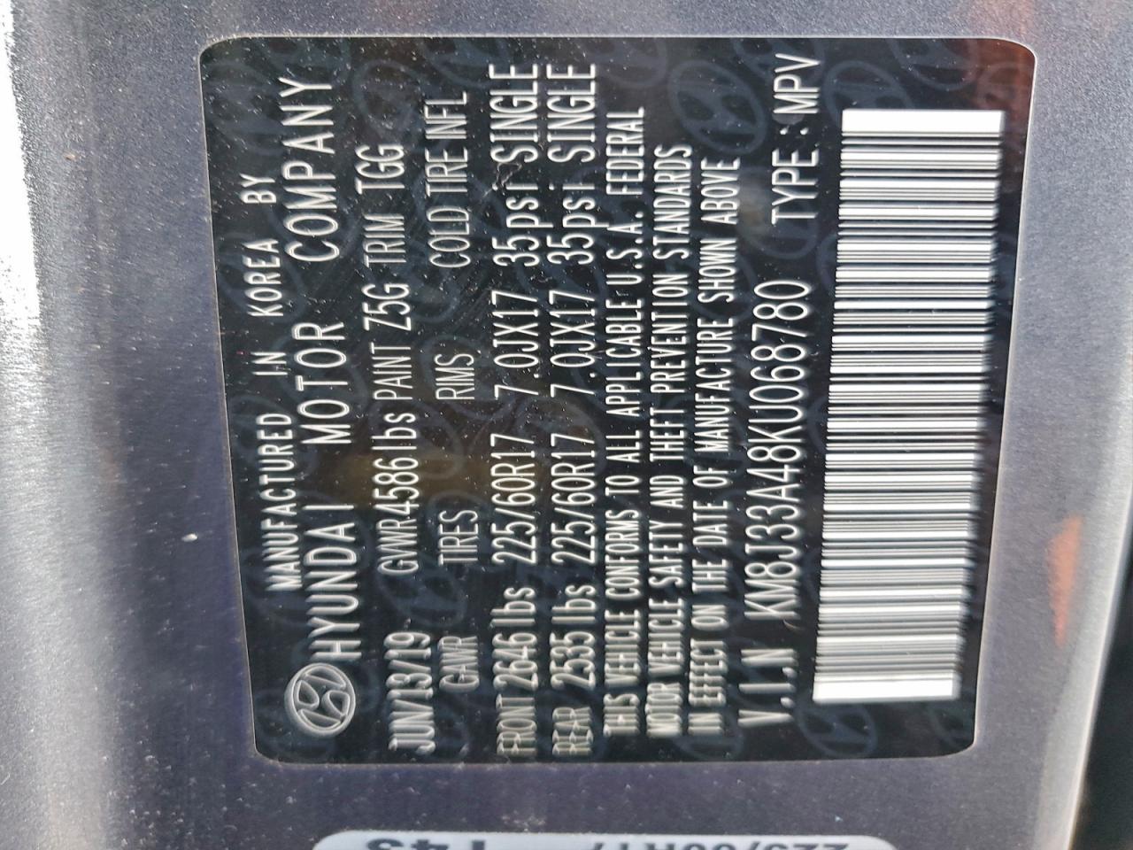 2019 Hyundai Tucson Limited VIN: KM8J33A48KU068780 Lot: 94518675