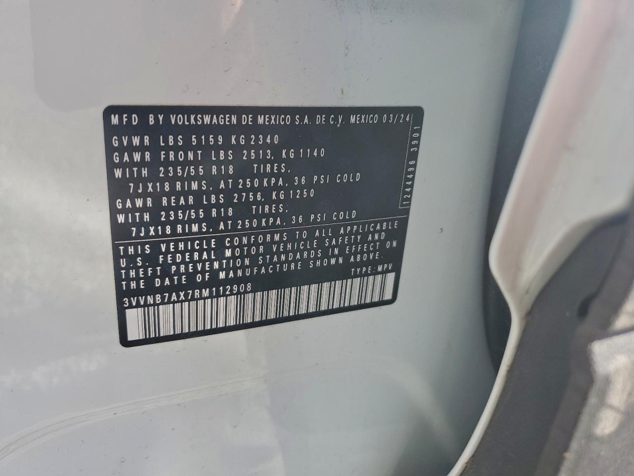 2024 Volkswagen Tiguan Se VIN: 3VVNB7AX7RM112908 Lot: 91810615