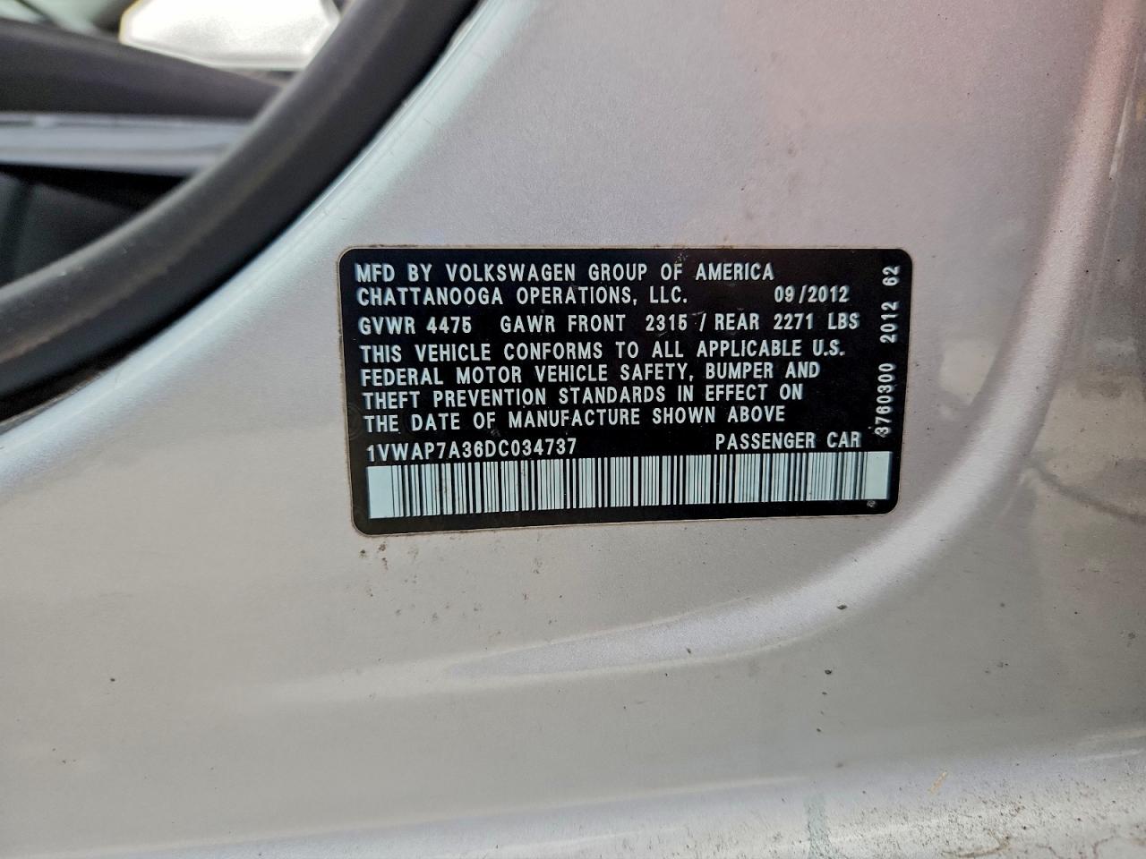 2013 Volkswagen Passat S VIN: 1VWAP7A36DC034737 Lot: 94228175