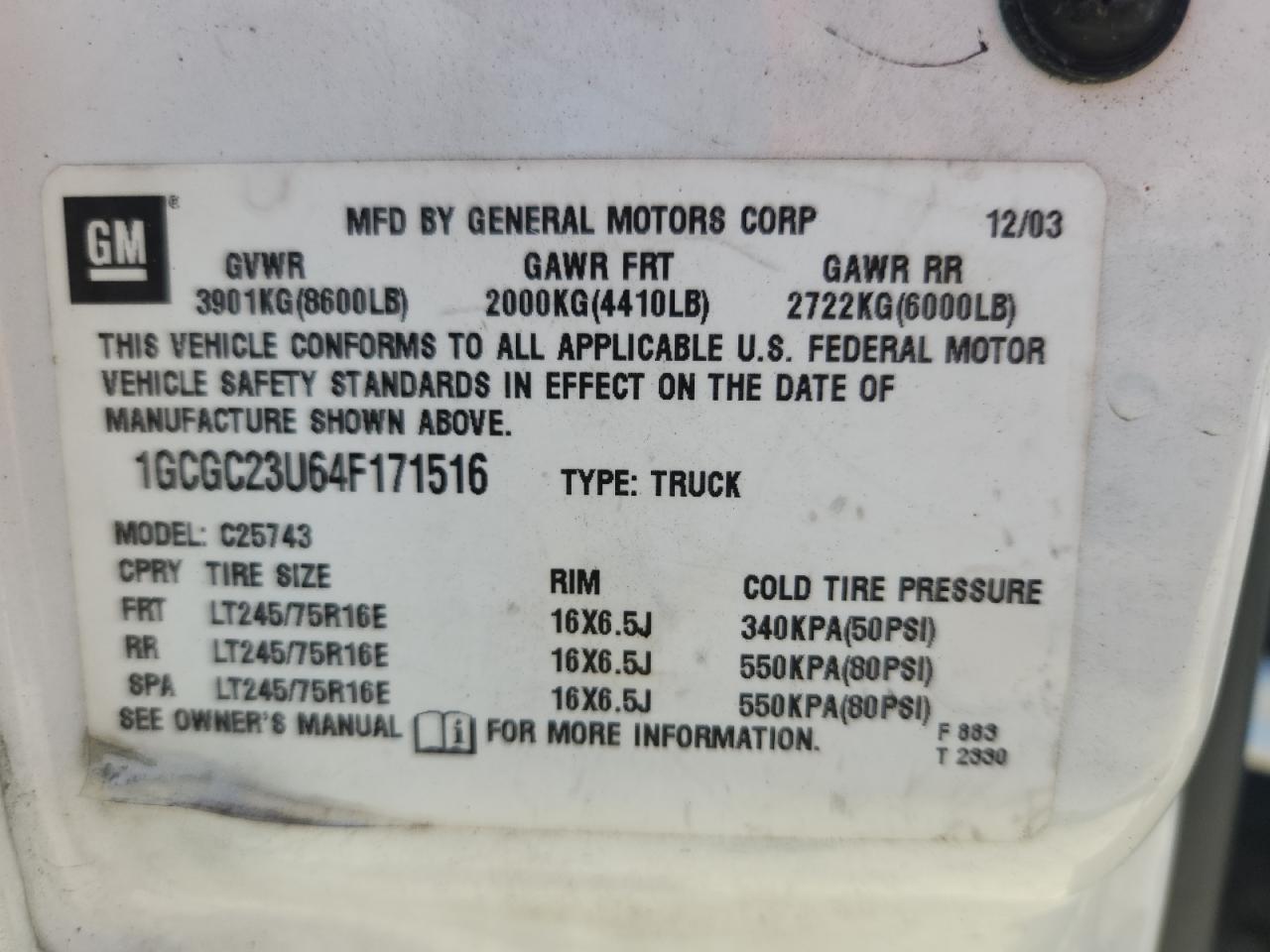 2004 Chevrolet Silverado C2500 VIN: 1GCGC23U64F171516 Lot: 91615935