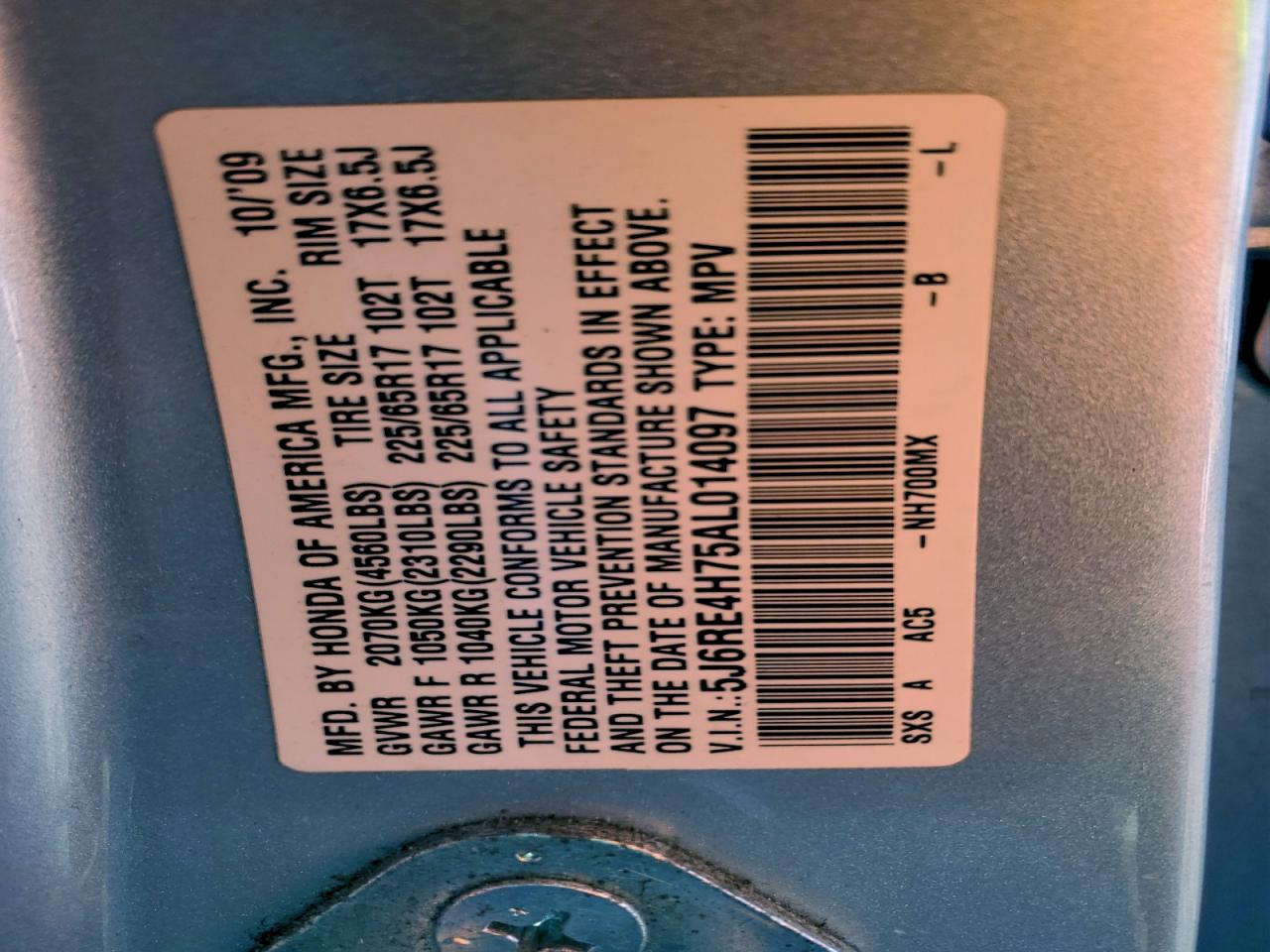 2010 Honda Cr-V Exl VIN: 5J6RE4H75AL014097 Lot: 93739225