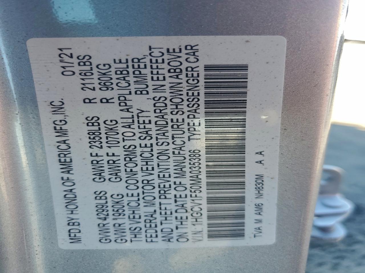 2021 Honda Accord Exl VIN: 1HGCV1F50MA035386 Lot: 94077615