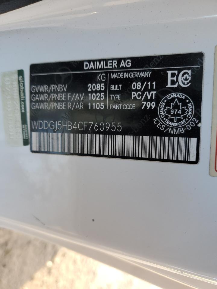 2012 Mercedes-Benz C 350 VIN: WDDGJ5HB4CF760955 Lot: 91622925