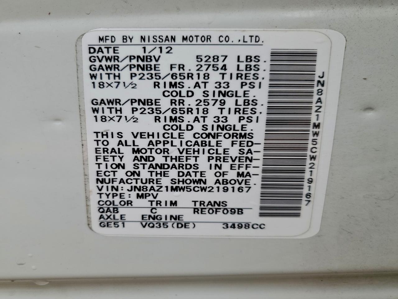 2012 Nissan Murano S VIN: JN8AZ1MW5CW219167 Lot: 93251495