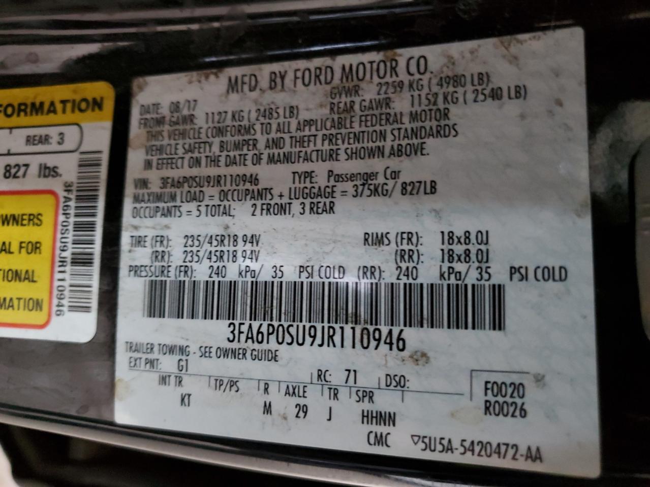 2018 Ford Fusion Titanium/Platinum Phev VIN: 3FA6P0SU9JR110946 Lot: 93628755