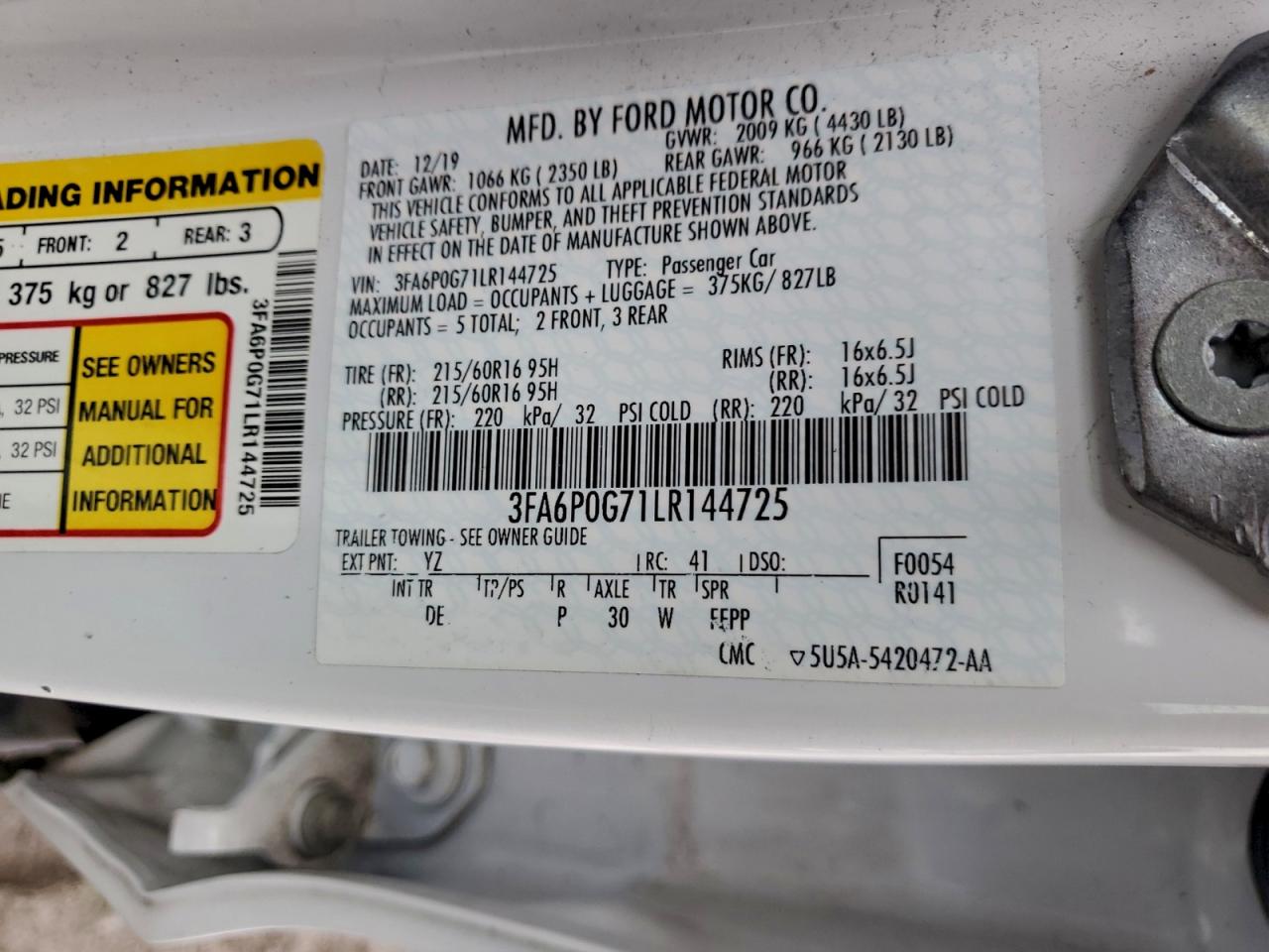 2020 Ford Fusion S VIN: 3FA6P0G71LR144725 Lot: 93532265