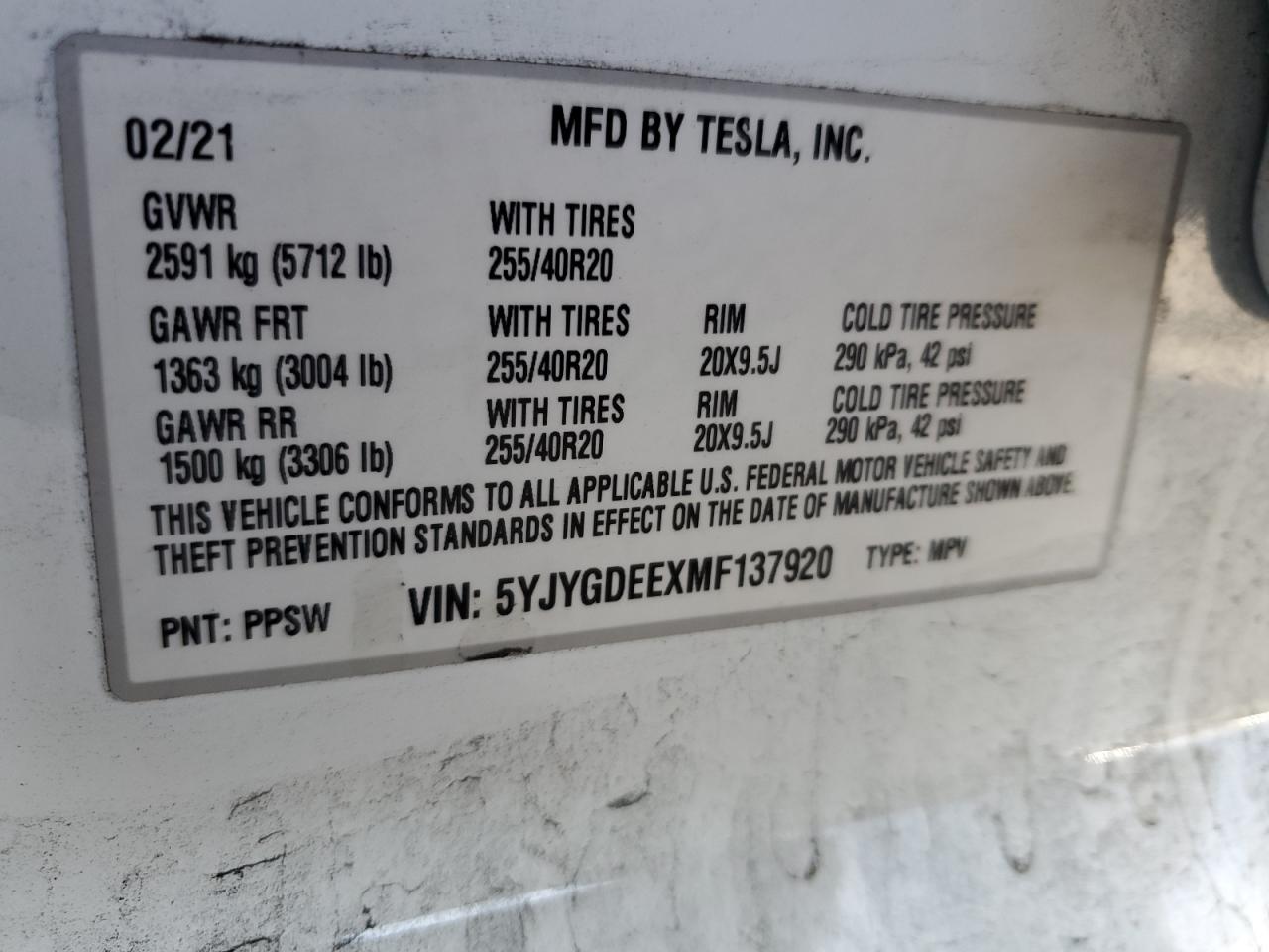 2021 Tesla Model Y VIN: 5YJYGDEEXMF137920 Lot: 89562365