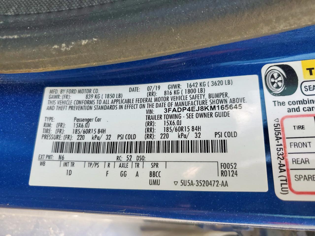 2019 Ford Fiesta Se VIN: 3FADP4EJ8KM165645 Lot: 93532855