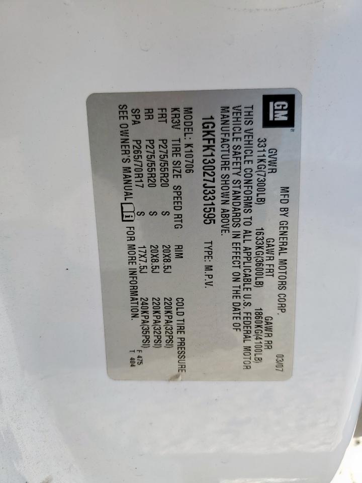 2007 GMC Yukon VIN: 1GKFK13027J331595 Lot: 89873955