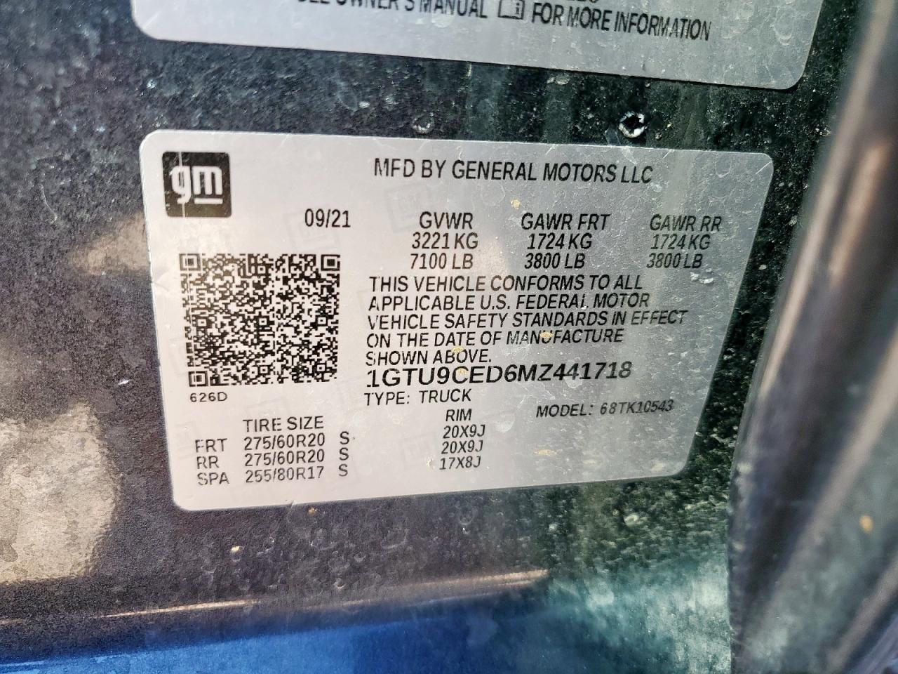 2021 GMC Sierra K1500 Elevation VIN: 1GTU9CED6MZ441718 Lot: 85426455