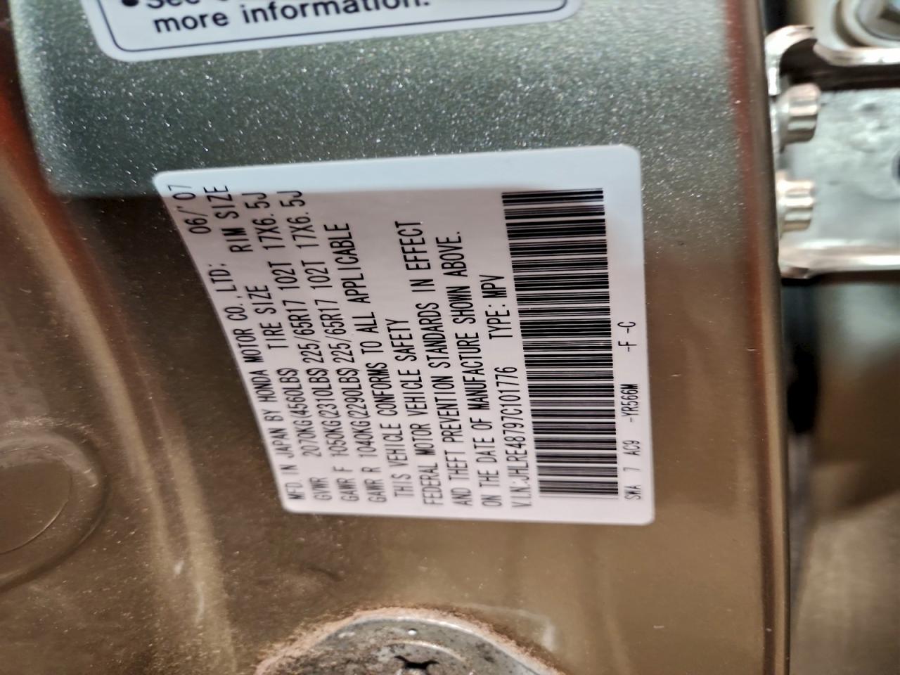 2007 Honda Cr-V Exl VIN: JHLRE48797C101776 Lot: 92593455