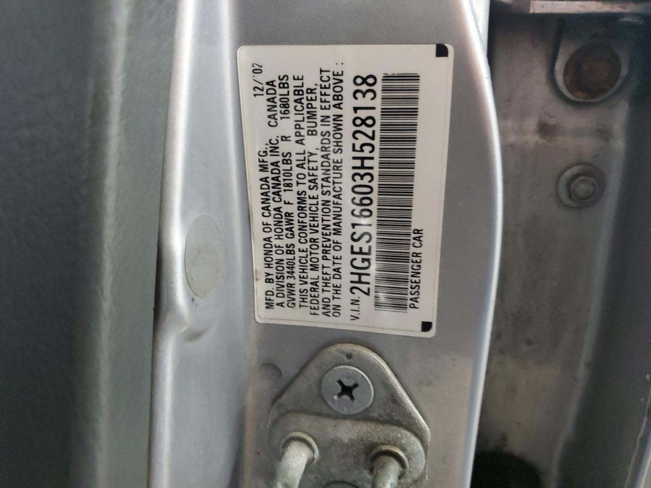 2003 Honda Civic Lx VIN: 2HGES16603H528138 Lot: 92404275