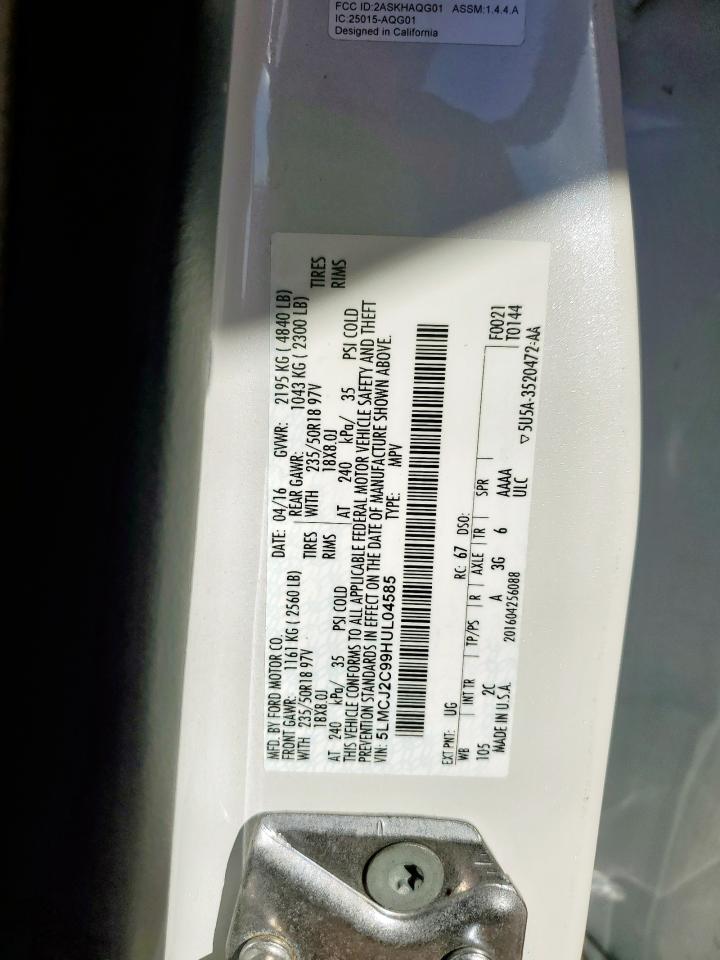 2017 Lincoln Mkc Select VIN: 5LMCJ2C99HUL04585 Lot: 91137255