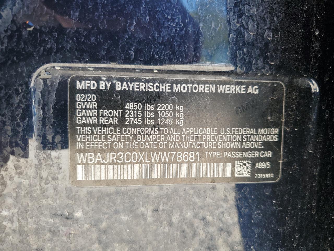 2020 BMW 530 I VIN: WBAJR3C0XLWW78681 Lot: 94230175