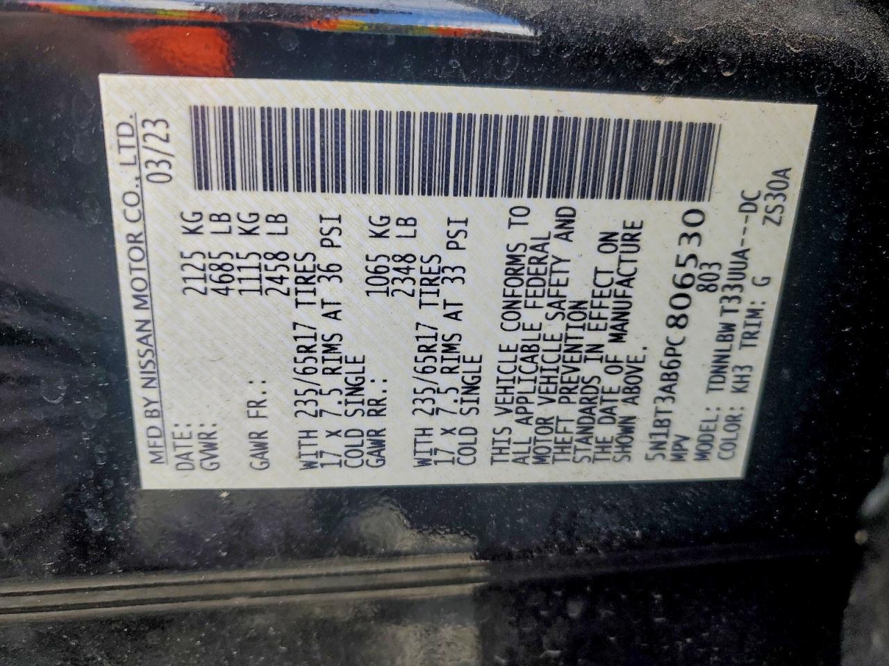 2023 Nissan Rogue S VIN: 5N1BT3AB6PC806530 Lot: 94321325