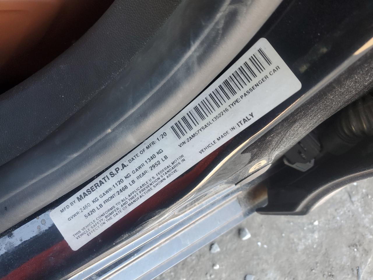 2020 Maserati Ghibli S VIN: ZAM57YSA5L1352216 Lot: 92817095