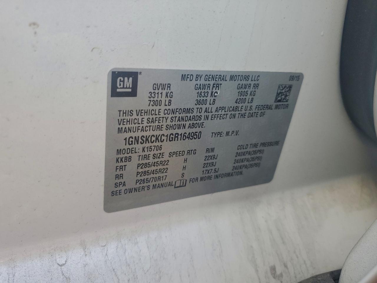 2016 Chevrolet Tahoe K1500 Ltz VIN: 1GNSKCKC1GR164950 Lot: 94246345