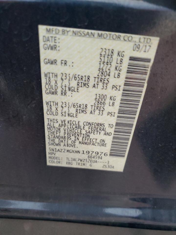 2017 Nissan Murano S VIN: 5N1AZ2MGXHN197976 Lot: 89862125