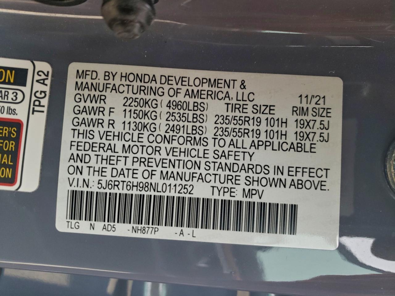 2022 Honda Cr-V Touring VIN: 5J6RT6H98NL011252 Lot: 93649295