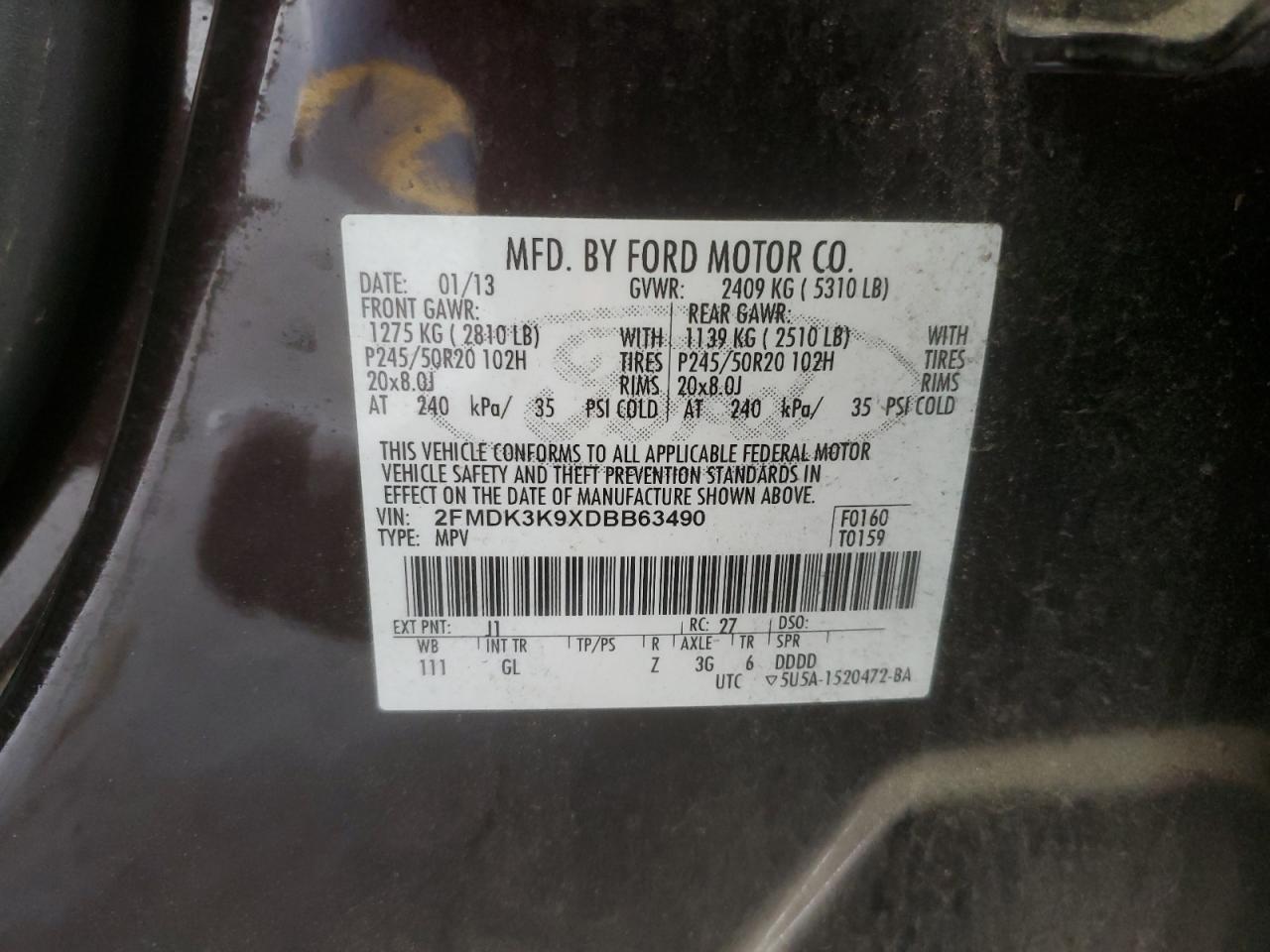 2013 Ford Edge Limited VIN: 2FMDK3K9XDBB63490 Lot: 93228225