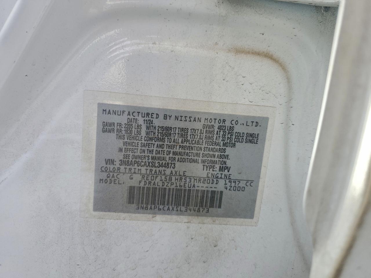 2025 Nissan Kicks Sv VIN: 3N8AP6CAXSL344873 Lot: 94262585