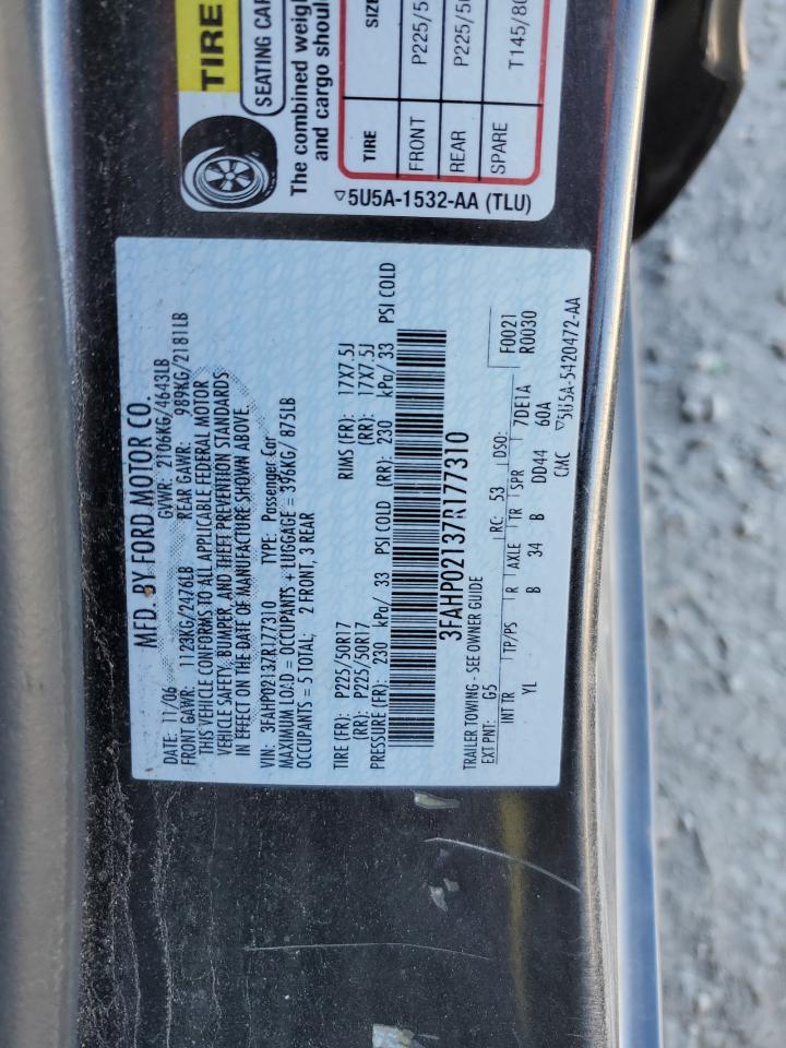 2007 Ford Fusion Sel VIN: 3FAHP02137R177310 Lot: 91840185