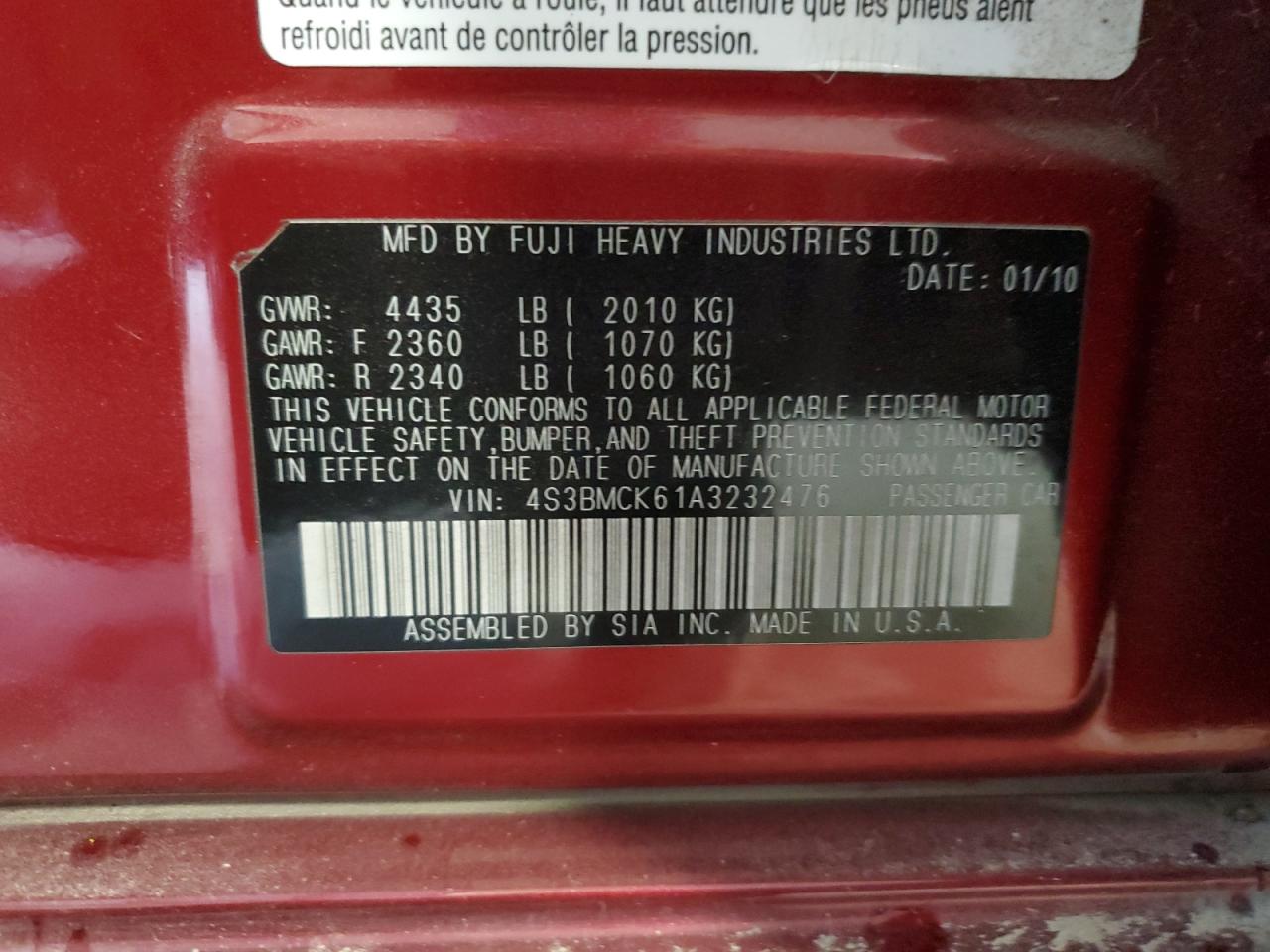 2010 Subaru Legacy 2.5I Limited VIN: 4S3BMCK61A3232476 Lot: 90349735