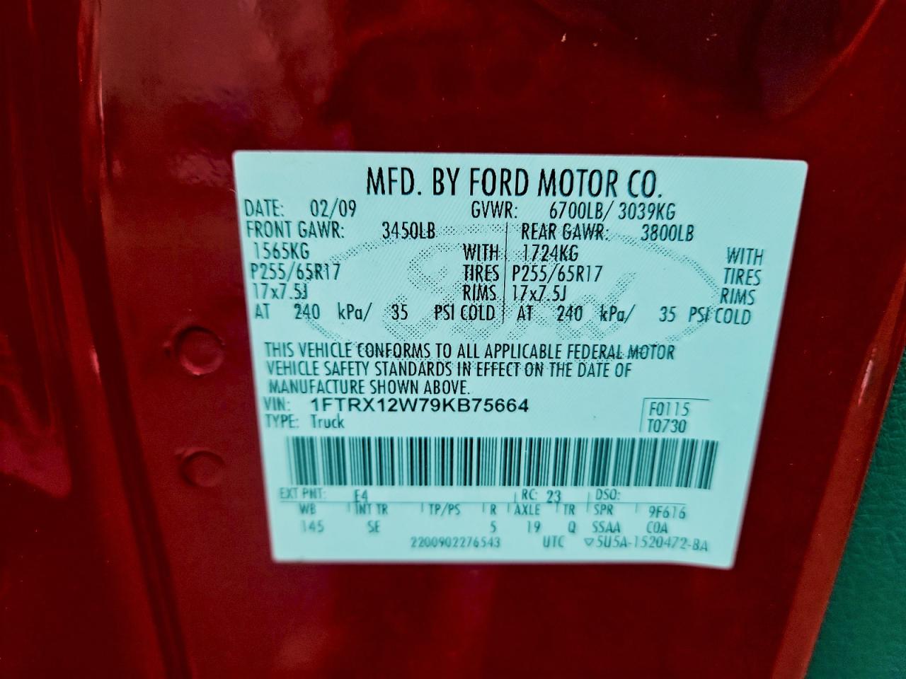2009 Ford F150 Super Cab VIN: 1FTRX12W79KB75664 Lot: 93377515