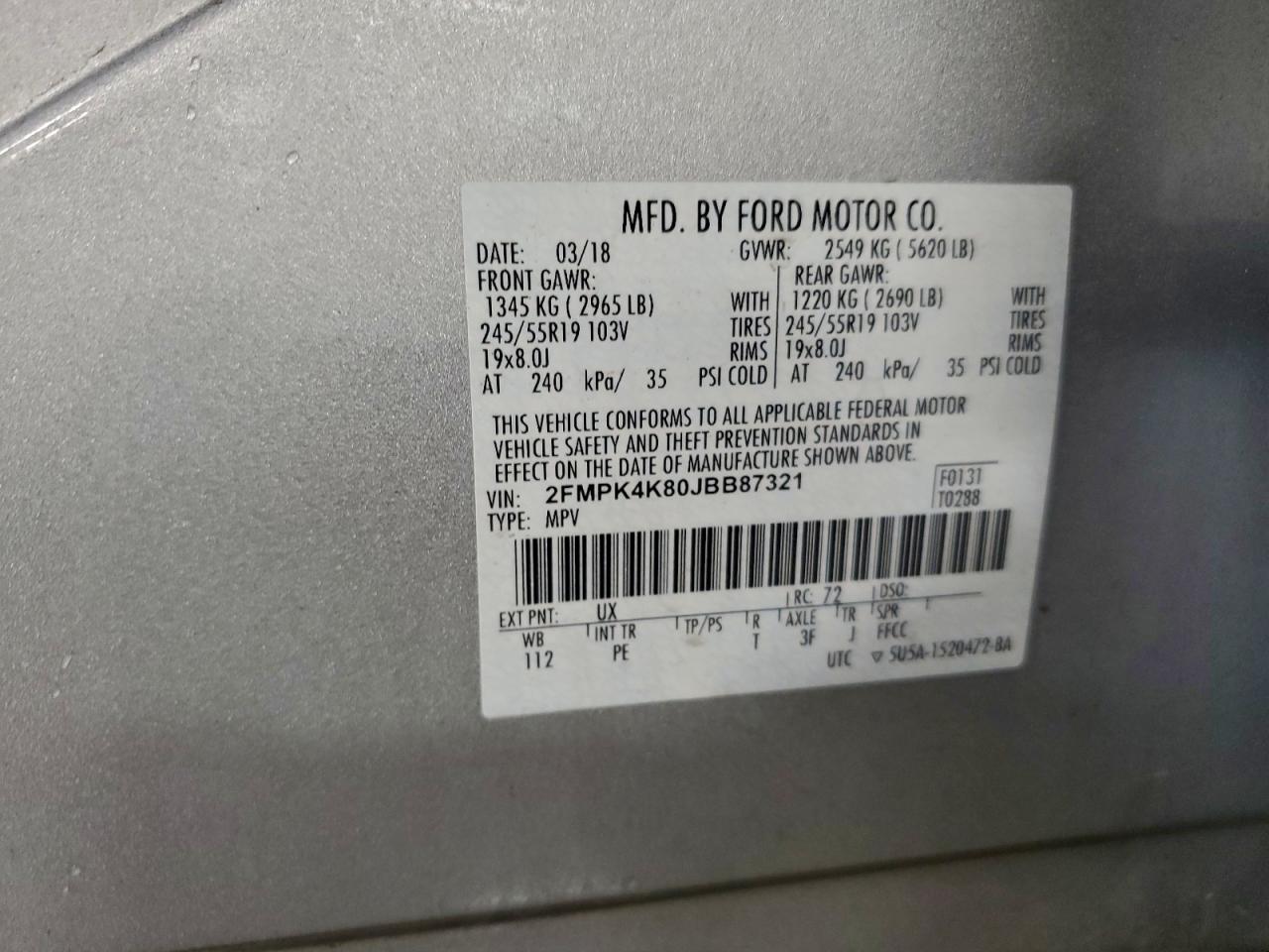 2018 Ford Edge Titanium VIN: 2FMPK4K80JBB87321 Lot: 94335585