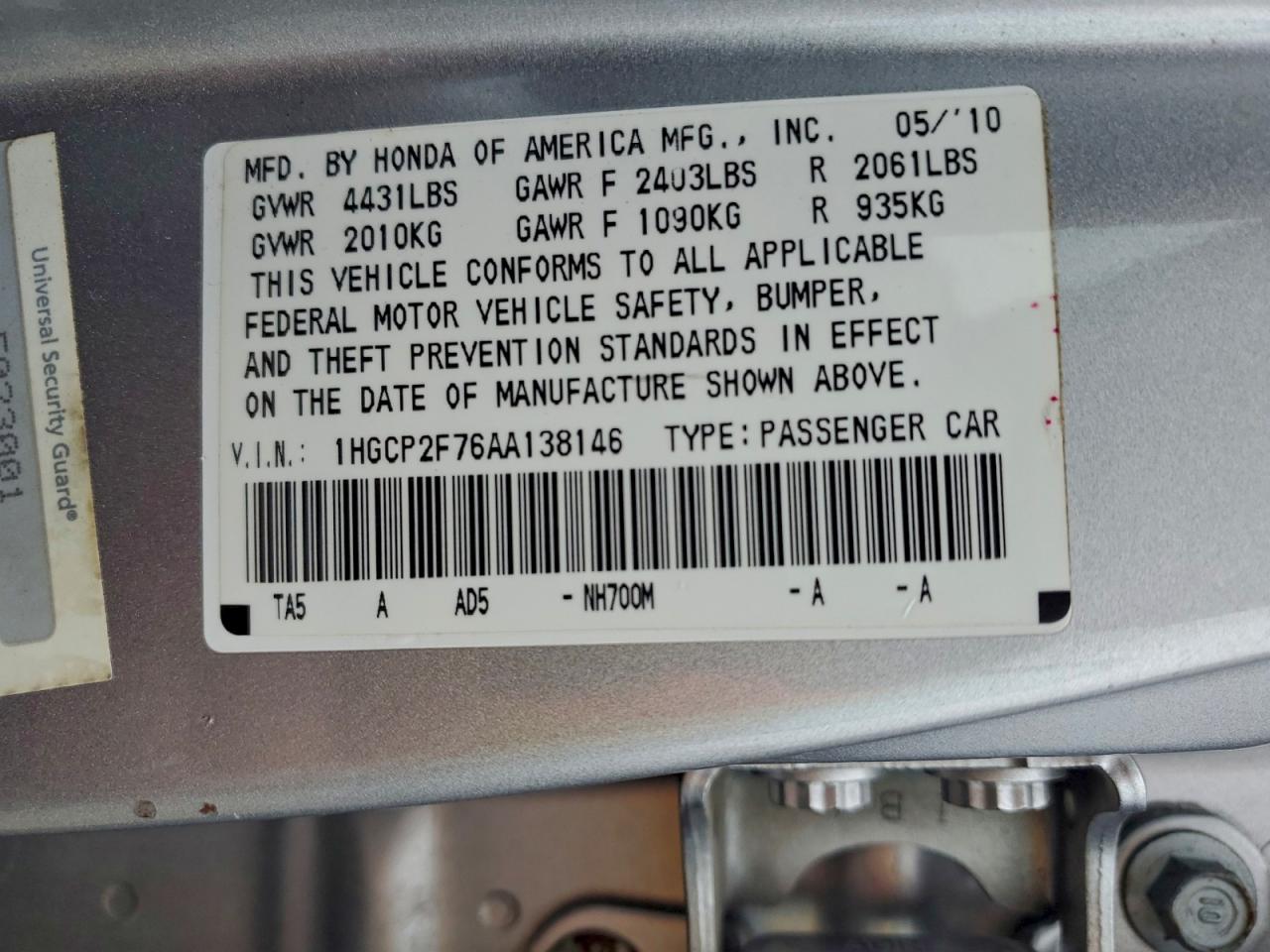 2010 Honda Accord Ex VIN: 1HGCP2F76AA138146 Lot: 94495865