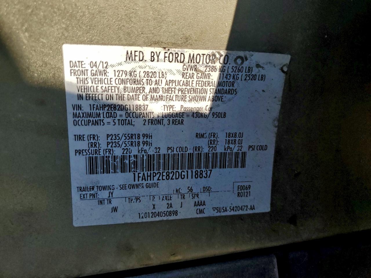 2013 Ford Taurus Sel VIN: 1FAHP2E82DG118837 Lot: 93906705