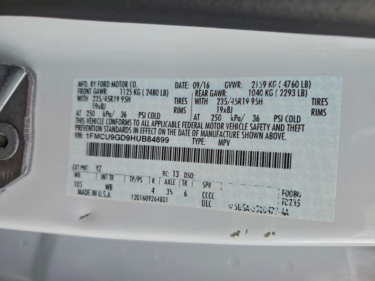 2017 Ford Escape Se VIN: 1FMCU9GD9HUB84899 Lot: 94468765