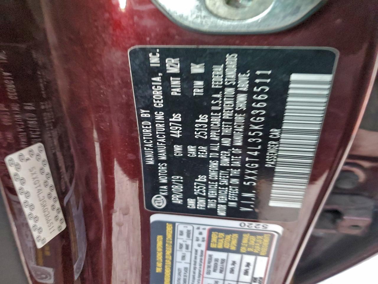 2019 Kia Optima Lx VIN: 5XXGT4L35KG366511 Lot: 94625625