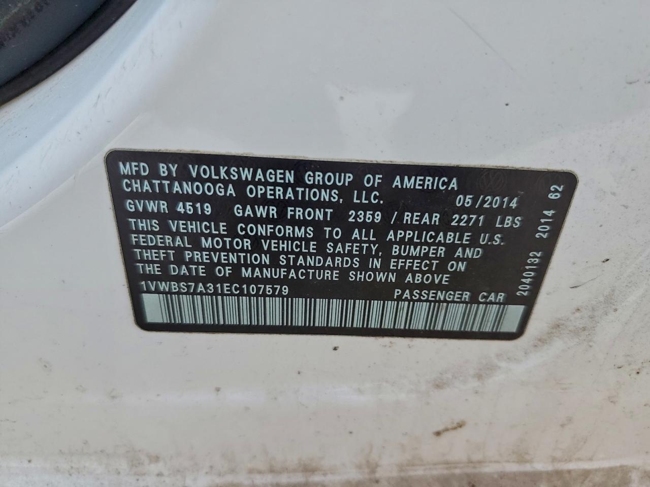 2014 Volkswagen Passat Se VIN: 1VWBS7A31EC107579 Lot: 94401355