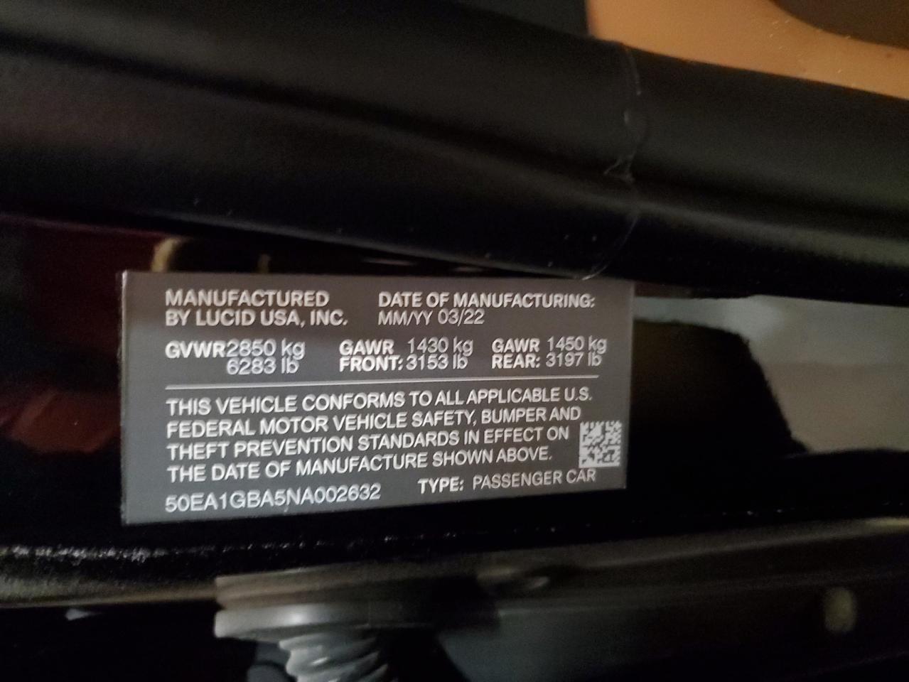 2022 Lucid Motors Air Grand Touring VIN: 50EA1GBA5NA002632 Lot: 91514405