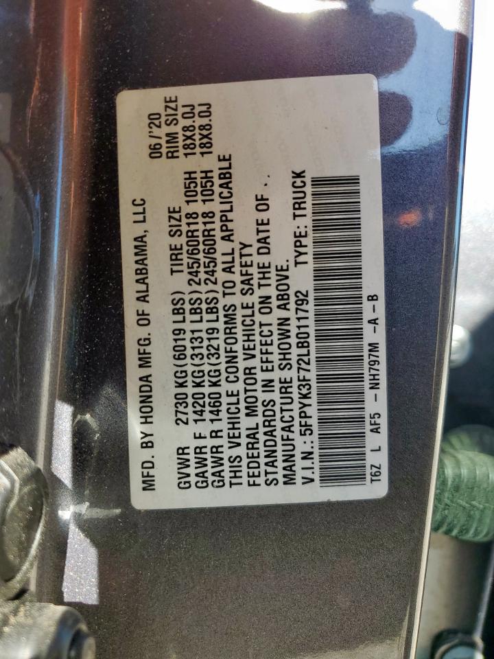 2020 Honda Ridgeline Rtl VIN: 5FPYK3F72LB011792 Lot: 92596075