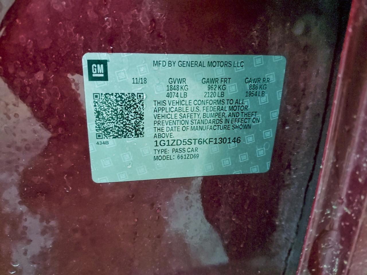 2019 Chevrolet Malibu Lt VIN: 1G1ZD5ST6KF130146 Lot: 94246185