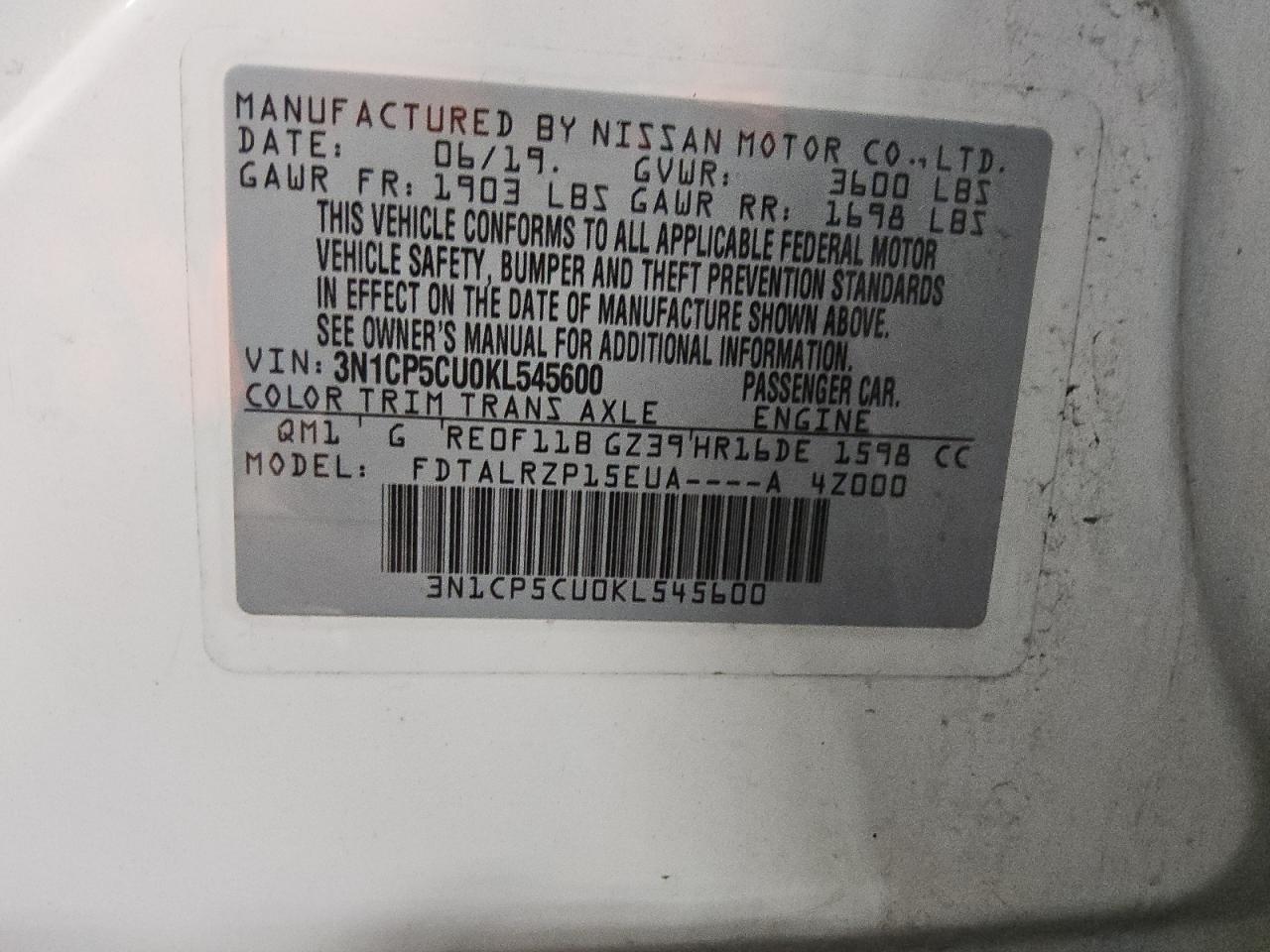 2019 Nissan Kicks S VIN: 3N1CP5CU0KL545600 Lot: 87394265