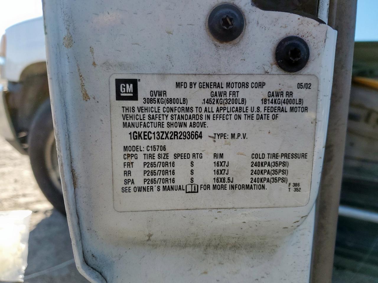 2002 GMC Yukon VIN: 1GKEC13ZX2R293664 Lot: 91239985