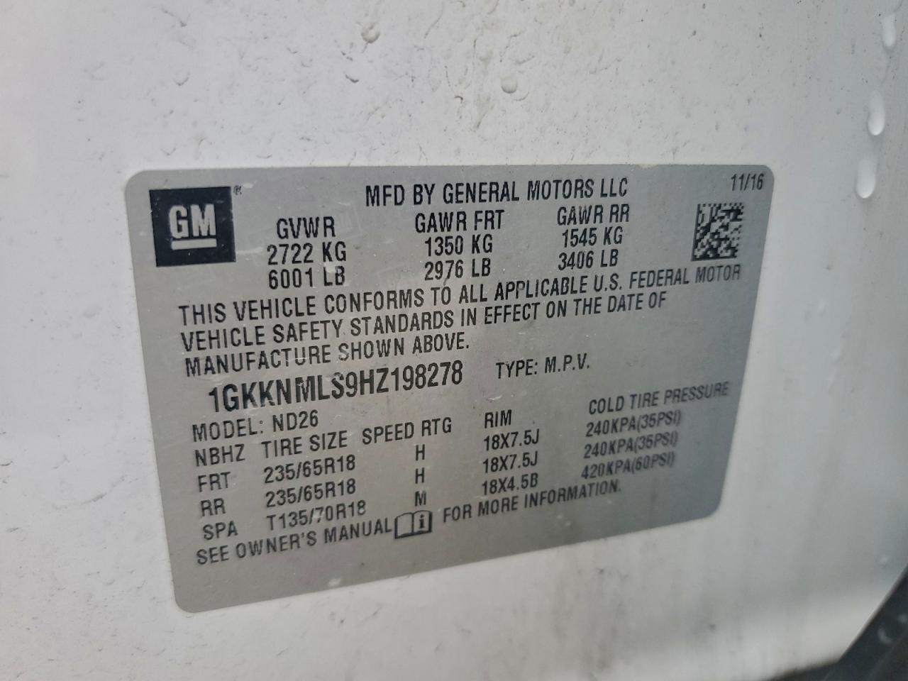 2017 GMC Acadia Slt-1 VIN: 1GKKNMLS9HZ198278 Lot: 93469965