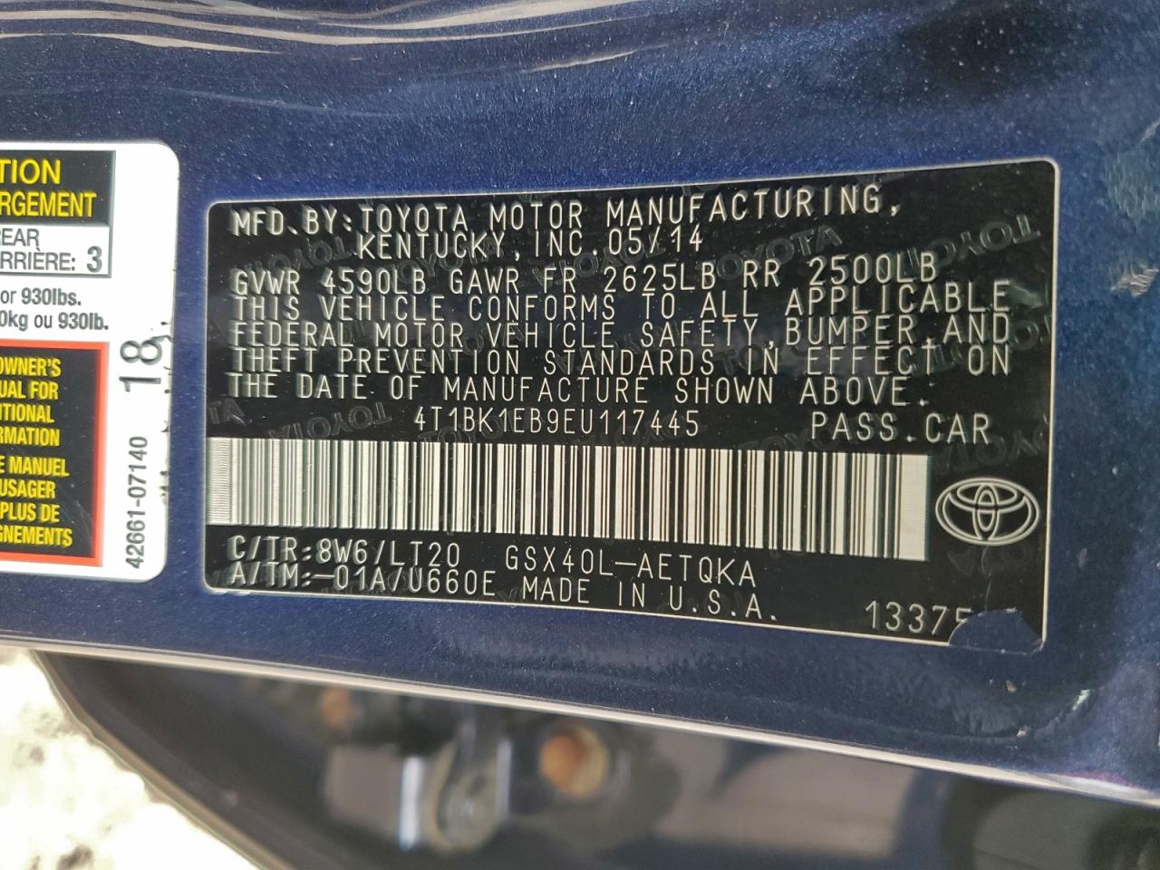 2014 Toyota Avalon Base VIN: 4T1BK1EB9EU117445 Lot: 94486035