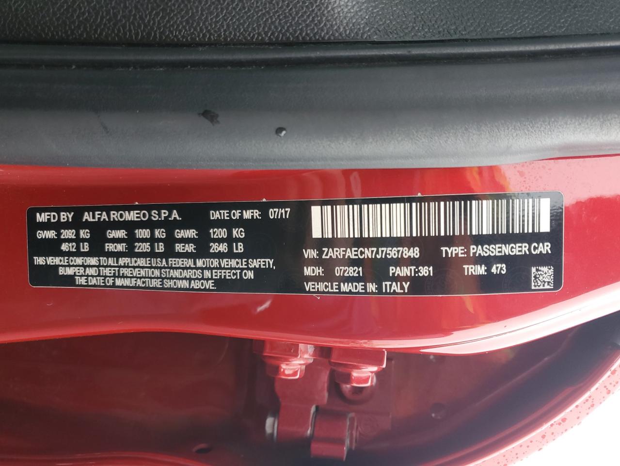 2018 Alfa Romeo Giulia Ti VIN: ZARFAECN7J7567848 Lot: 93777575