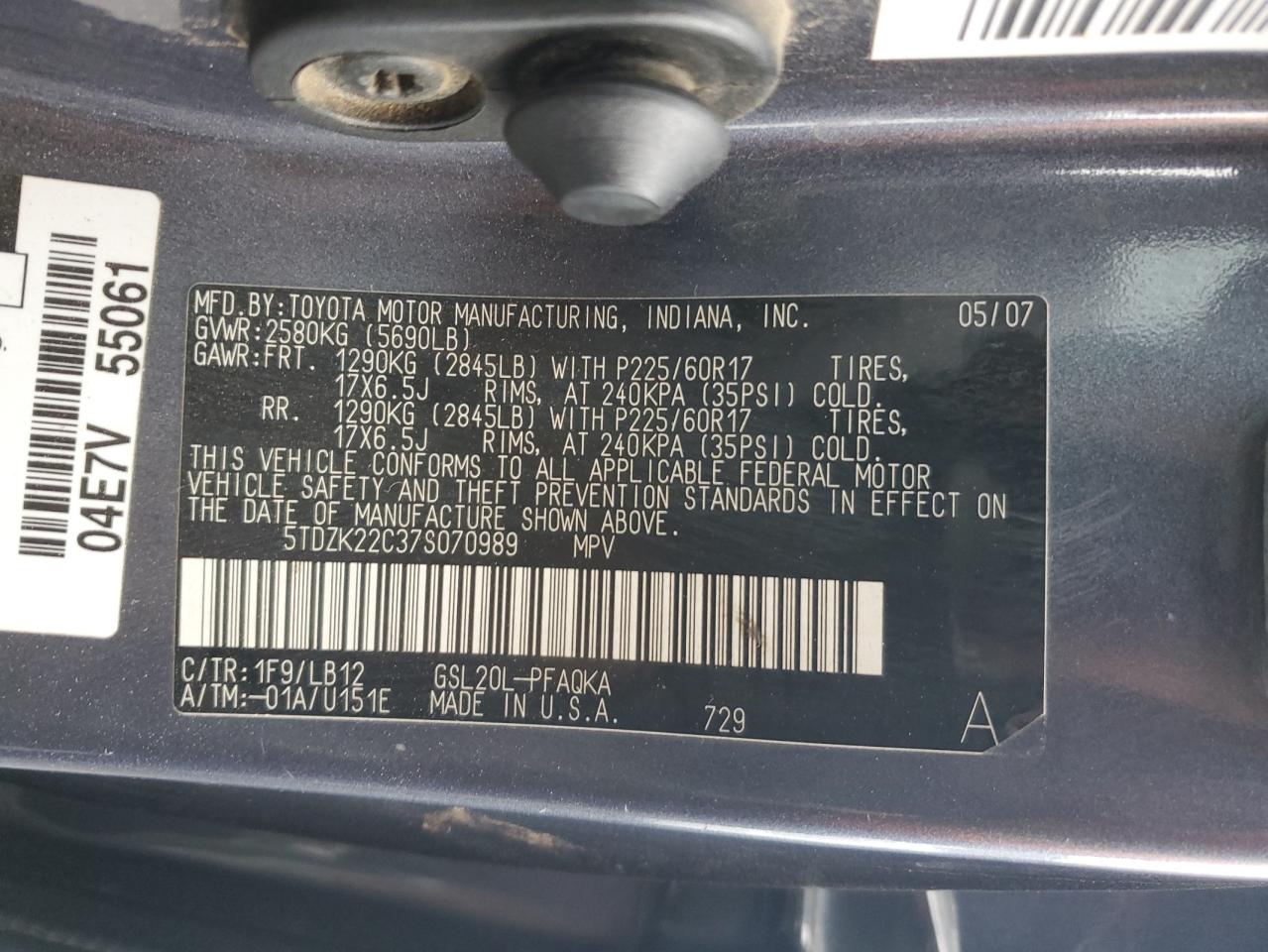 2007 Toyota Sienna Xle VIN: 5TDZK22C37S070989 Lot: 91701915